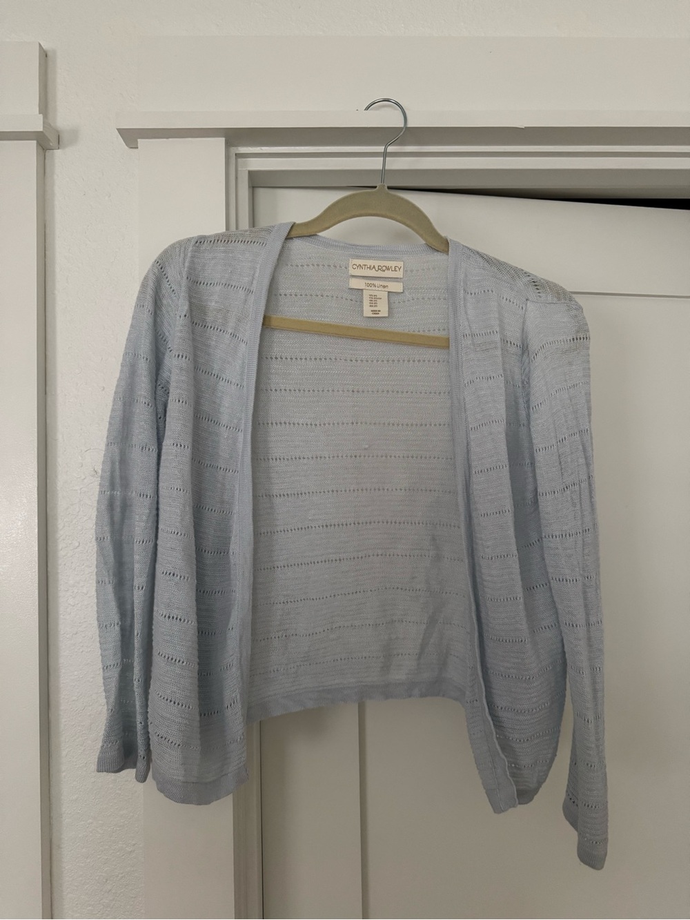 CYNTHIA ROWLEY Linen Blue Open Knit Women's Cardigan Sweater